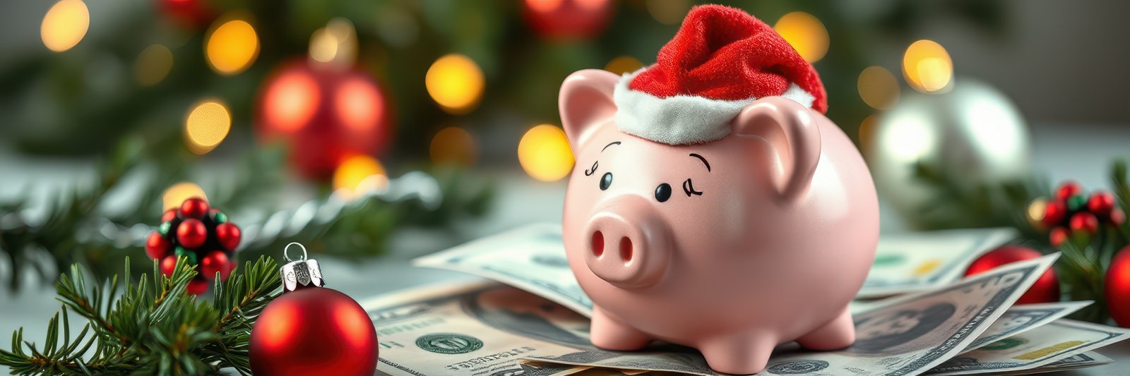 Festive piggy bank wearing a Santa hat surrounded by holiday decorations and cash